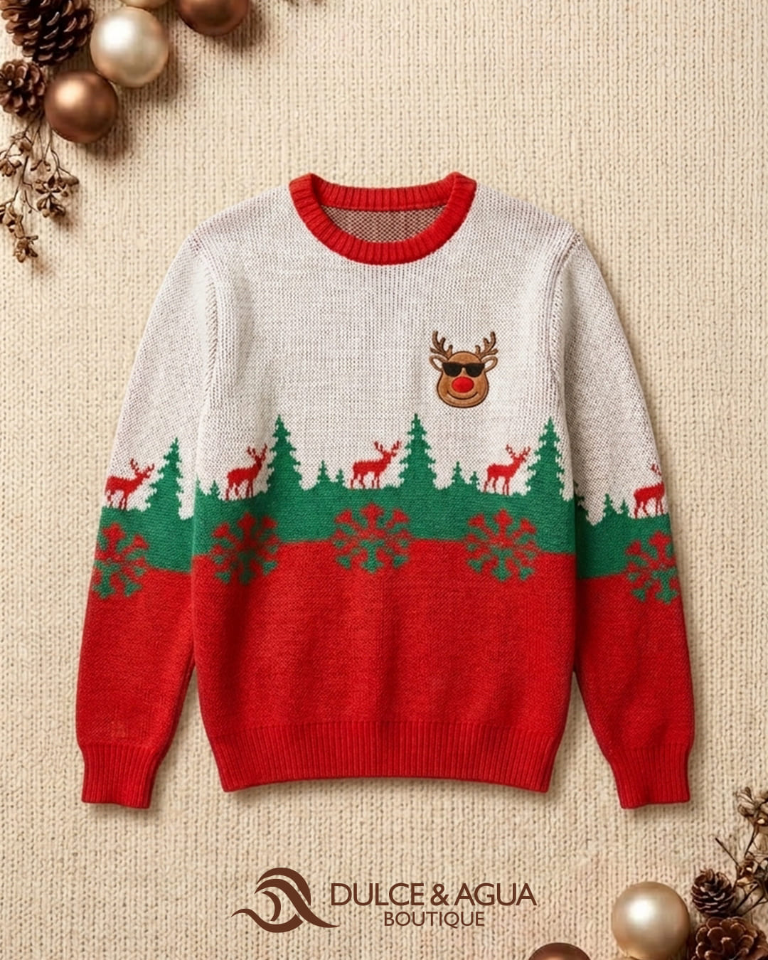 Saco Navideño Tradicional Blanco, Verde y Rojo con Reno