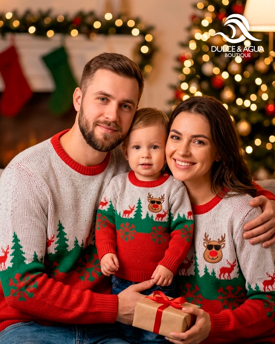 Saco Navideño Tradicional Blanco, Verde y Rojo con Reno